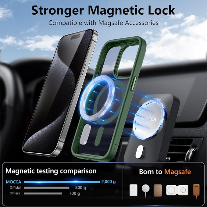 MOCCA Strong Magnetic for iPhone 15 Pro Case, [Compatible with Magsafe][13FT Military Drop Protection] Slim Translucent Matte Shockproof Case for iPhone 15 Pro Phone Case 6.1'', Midnight Green