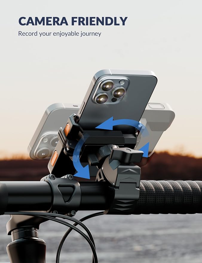 Bike Phone Mount for Electric, Mountain, Scooter, and Dirt Bikes [Camera Friendly] [1s Lock] Universal 360° Bicycle Handlebar Holder for iPhone 15/14/13 Samsung S23/S22 4.5-7" Smartphone (Orange)