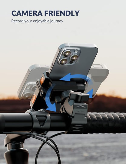 Bike Phone Mount for Electric, Mountain, Scooter, and Dirt Bikes [Camera Friendly] [1s Lock] Universal 360° Bicycle Handlebar Holder for iPhone 15/14/13 Samsung S23/S22 4.5-7" Smartphone (Orange)