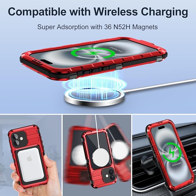 WIFORT for iPhone 16 Waterproof Case - Metal Heavy Duty [Built-in Screen Protector] [14FT Military Shockproof] [Fit for MagSafe], IP68 Full Body Rugged Water Proof Magnetic Cover, 6.1" Red