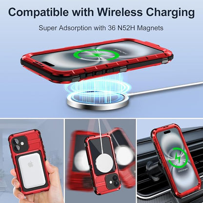WIFORT for iPhone 16 Waterproof Case - Metal Heavy Duty [Built-in Screen Protector] [14FT Military Shockproof] [Fit for MagSafe], IP68 Full Body Rugged Water Proof Magnetic Cover, 6.1" Red