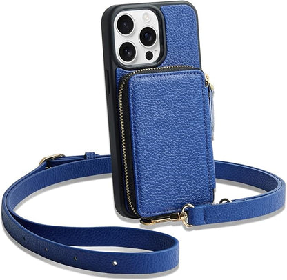 ZVE for iPhone 14 Pro Max Wallet Case Crossbody, Card Phone Case for Women, Zipper RFID Blocking Leather Cover with Wrist Strap, Purse for iPhone 14 Pro Max, 6.7", 2022- Navy Blue