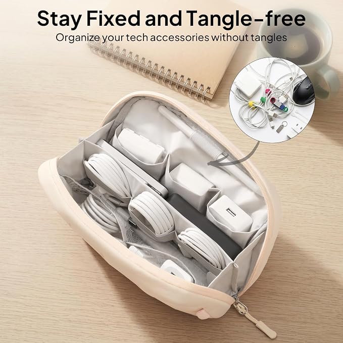 TOPEAST Quilted Cable Organizer Bag, Soft Tech Pouch & Travel Electronics Case with Elastic Pen Loop, Tangle-Free Cord Organizer for Women, Office Desk, AirPods, Chargers & Accessories, Beige