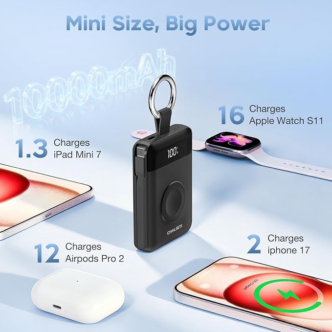 10000mAh Portable Charger,PD 22.5W Super Fast Charging Power Bank with Built-in Cables, Travel Keychain Battery Pack for iPhone 17/16/15/14/13/12,Apple Watch Ultra/11/10/9/8/7/6/SE (Black)
