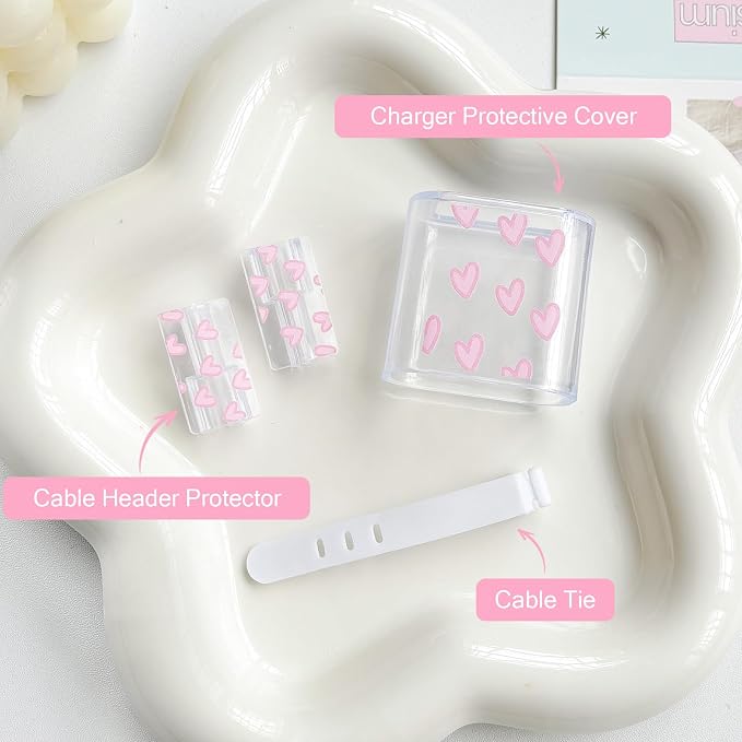 Lovmooful Compatible for iPhone 18W/20W USB-C Charger Cover Clear Lovely Love Heart Design Soft Charger Protector Cute Cable Case Saver Protector for Girls Women-Light Pink Heart