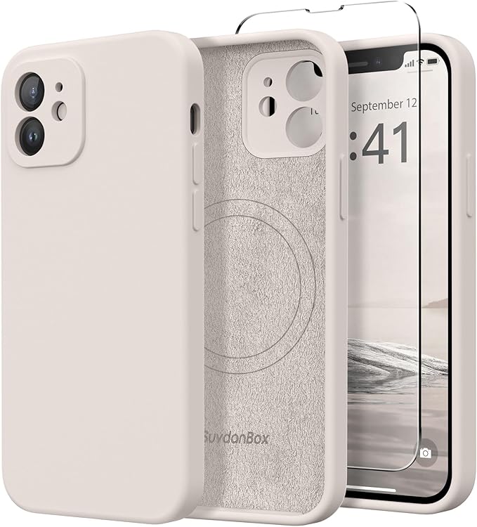 Magnetic for iPhone 12 Case, Compatible with MagSafe, [Full Camera Protection][Screen Protectors] Silicone Shockproof Protective Phone Case for iPhone 12 6.1", Stone