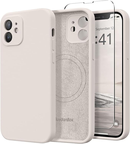 Magnetic for iPhone 12 Case, Compatible with MagSafe, [Full Camera Protection][Screen Protectors] Silicone Shockproof Protective Phone Case for iPhone 12 6.1", Stone
