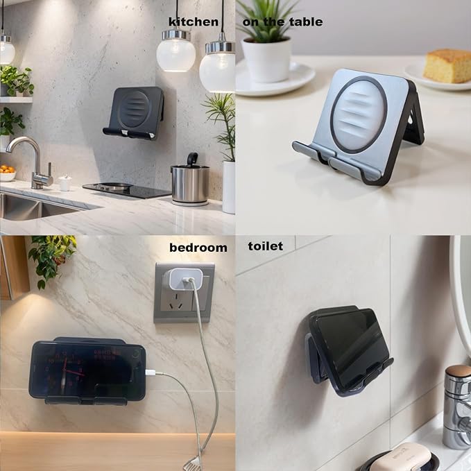 Shower Phone Holder Upgraded, Removable Wall Mounted Hands-Free Cellphone Stand, Angle Adjustable Phone Stand with 3pcs Adhesive Pad for Kitchen Bathroom Dorm Bedroom (Black)