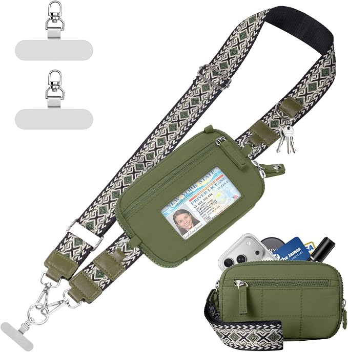 Tiostep Clip and Go Strap for Phone with Wallet Crossbody Phone Lanyard with Anti-Theft Zipper Pouch Detachable Quilted Wrist Wallet with RFID and ID Window for Daily and Travel Green Large