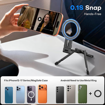 OMOTON TP03 [Ultra-Slim] for MagSafe Tripod, 360°Rotating Magnetic Phone Tripod for iPhone 17/16/15 Pro Max Air, Foldable Cell Phone Stand with 1/4" Screw & Hook Fits Vlog, Gym, Travel Essentials