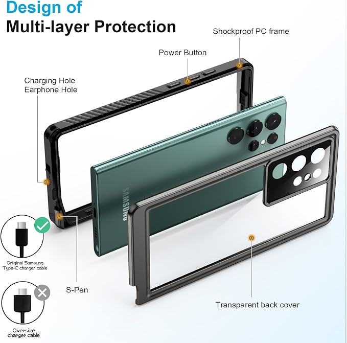 Temdan for Samsung Galaxy S22 Ultra Case Waterproof, Built in Screen Protector 360° Full Body Heavy Duty Shockproof IP68 Waterproof Galaxy S22 Ultra Case for Samsung S22 Ultra 5G 6.8 inch Black