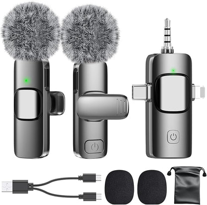 PoP voice 3 in 1 Wireless Mini Microphone for iPhone Android Camera iPad, Lavalier Microphone with Noise Reduction, Lapel Lav Mic with Noise Reduction for Video Recording Vlog YouTube TikTok