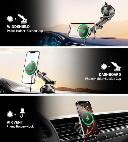 for MagSafe Car Mount Charger Dash Vent Windshield Wireless Car Charger with LED Light, Magnetic Phone Holder for Car for iPhone 17 16 15 14 13 12 Series, Fit MagSafe Accessories (Purple)