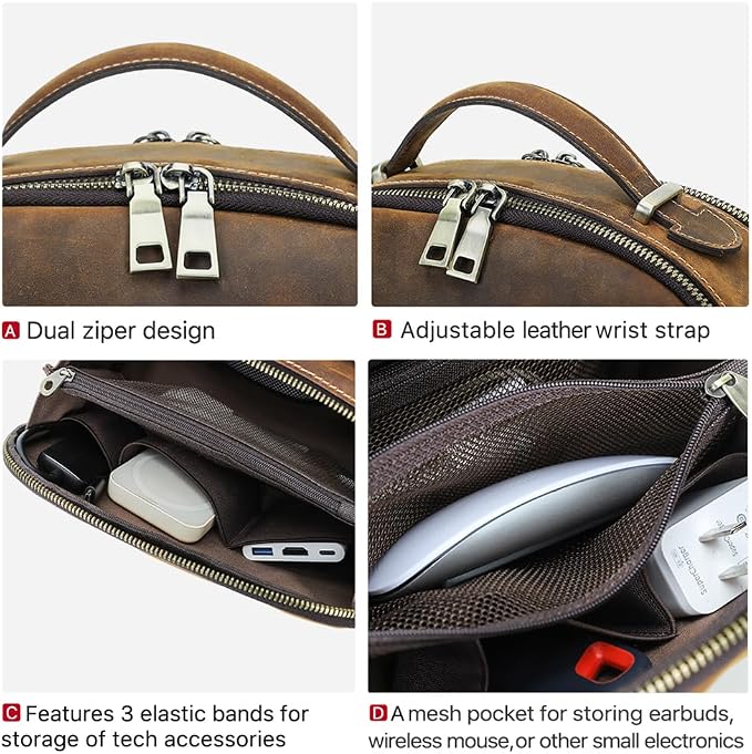 CONTACTS Full Grain Leather Tech Organizer Travel Case for Electronics Accessories Portable Cable Organizer Pouch with Handle, Storage Bag for Charger, Cables, Power Bank, Mouse