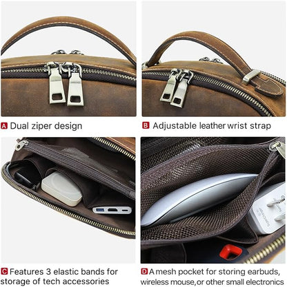 CONTACTS Full Grain Leather Tech Organizer Travel Case for Electronics Accessories Portable Cable Organizer Pouch with Handle, Storage Bag for Charger, Cables, Power Bank, Mouse