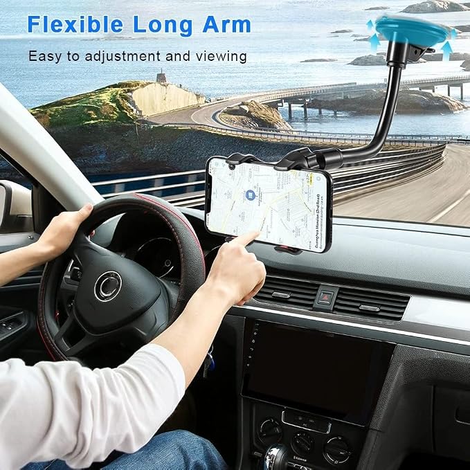 Phone Holders for Your Car: Windshield Phone Mount with Long Arm, 360° Rotation Strong Suction Cell Phone Car Mount, Anti-Shake Stabilizer for iPhone, Samsung, All Smartphones