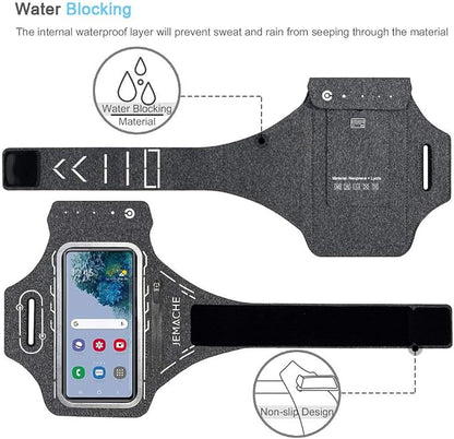 JEMACHE Armband for Samsung Galaxy S26 S25 S24 S23 S22 Ultra/Plus/FE, Gym Running Workouts Arm Band with Earbuds Holder (Grey)
