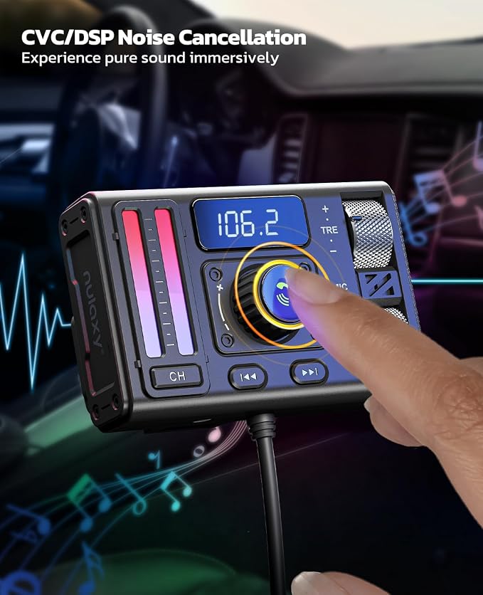 Nulaxy Bluetooth 5.3 Car Adapter with Air Vent Installation & DSP Noise Cancellation, QC3.0 & Type-C PD Car Charger Wireless FM Radio Transmitter Supports Bass & Treble Boost