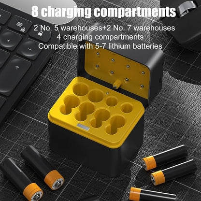 AA/AAA Battery Charging Case with USB-C Input for 1.5V Lithium Batteries, 8-Slot Fast Charger and Storage Organizer Compatible with 5/7-Size Cells