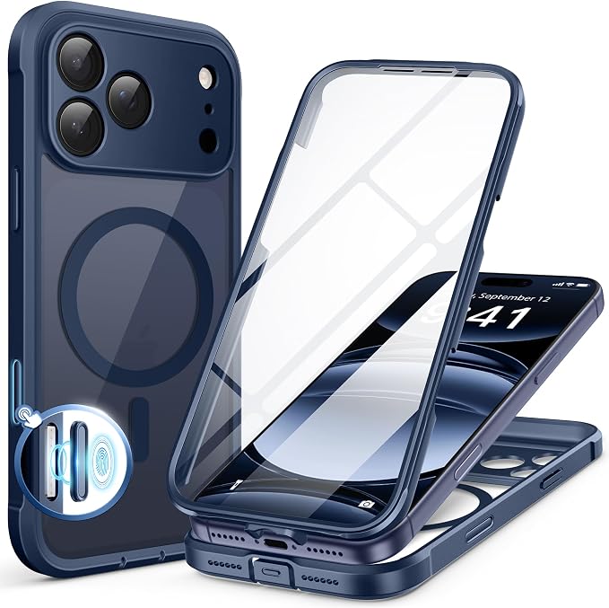 BERFY for iPhone 17 Pro Case, Compatible with MagSafe, Built-in Glass Screen Protector, Camera Protection, Shockproof Full Body Phone case 6.3", Clear Deep Blue