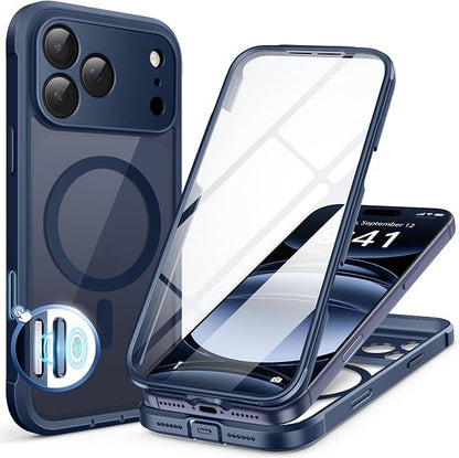 BERFY for iPhone 17 Pro Case, Compatible with MagSafe, Built-in Glass Screen Protector, Camera Protection, Shockproof Full Body Phone case 6.3", Clear Deep Blue