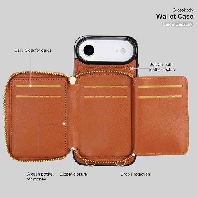 Bocasal Crossbody Wallet Case for iPhone 17 Air, RFID Blocking PU Leather Zipper Handbag Purse Flip Cover, Kickstand Folio Case with Card Slots Holder Wrist Strap Lanyard 5G 6.5 Inch (Brown)