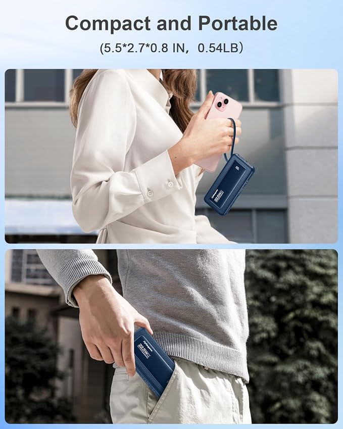 Portable Charger 10000mAh 22.5W Power Bank | Built in 4 Cables, Slim, Fast Charging, USB C LED Display, 6 Outputs & 2 Inputs, Flashlight