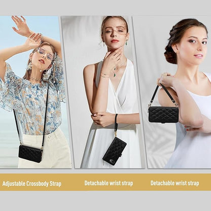 Rssviss Crossbody Case for iPhone 17e and 16e Case Wallet, RFID Blocking Leather Case with Card Holder Kickstand, Handbag Zipper Flip Cover with Wrist Strap for iPhone 17e Men Women 6.1", Black