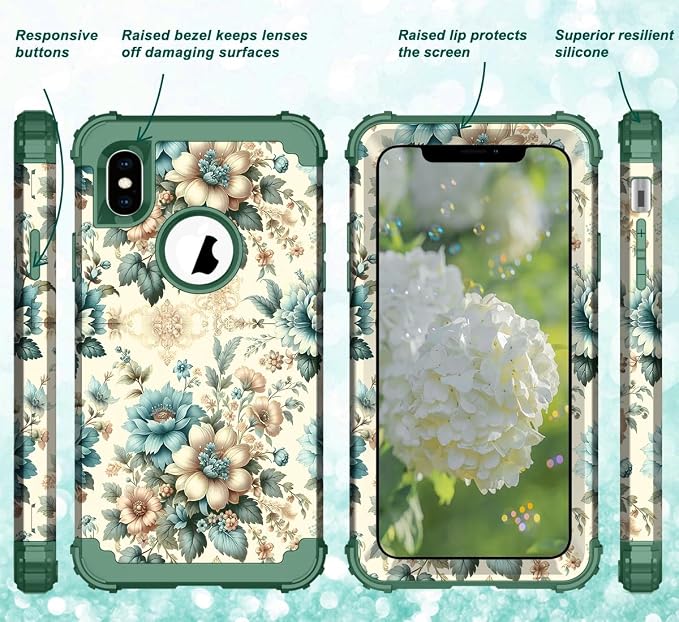 Hocase for iPhone Xs Max Case, Heavy Duty Shockproof Protection Soft Silicone Rubber+Hard Plastic Bumpers Hybrid Protective Case for iPhone Xs Max (6.5") 2018 - Teal Blue Flowers