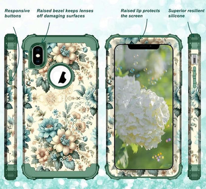 Hocase for iPhone Xs Max Case, Heavy Duty Shockproof Protection Soft Silicone Rubber+Hard Plastic Bumpers Hybrid Protective Case for iPhone Xs Max (6.5") 2018 - Teal Blue Flowers