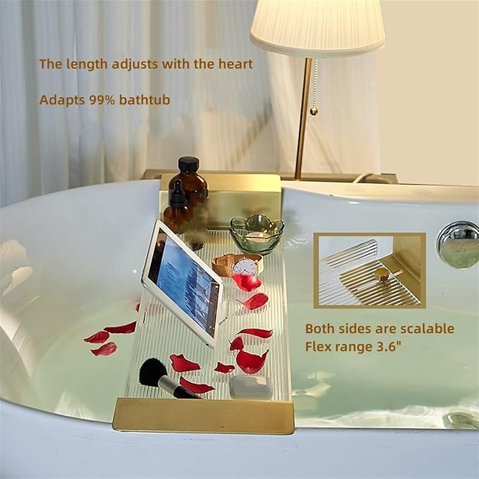 Acrylic Bathtub Caddy Non-Slip Bath Tub Tray with Gold Brushed Handles, Reading Rack, Tablet Holder, Cellphone Tray and Wine Glass Holder (Size: Ripple-31.5")