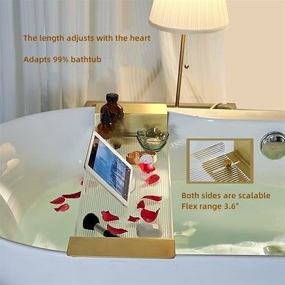 Acrylic Bathtub Tray Caddy Non-Slip Bath Tub Tray Table with Gold Brushed Handles,Reading Rack,Tablet Holder,Cellphone Tray and Wine Glass Holder (Size : Ripple-27.6")