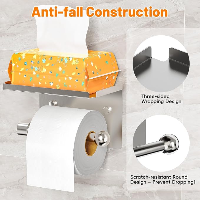 Matte Silver Toilet Paper Holder with Shelf, Wall Mount, Rustproof Stainless Steel, Fits Double Rolls, No-Drill Adhesive or Screw Mount for Bathroom, Kitchen, RV