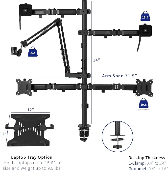 VIVO All-in-One Computer Studio Desk Mount, Mic Boom, Dual Monitor Mount up to 32 inches, Laptop Stand, Livestream Arms Compatible with Cameras, Lighting, Phone/Tablet Adapters, STAND-LIVE2L