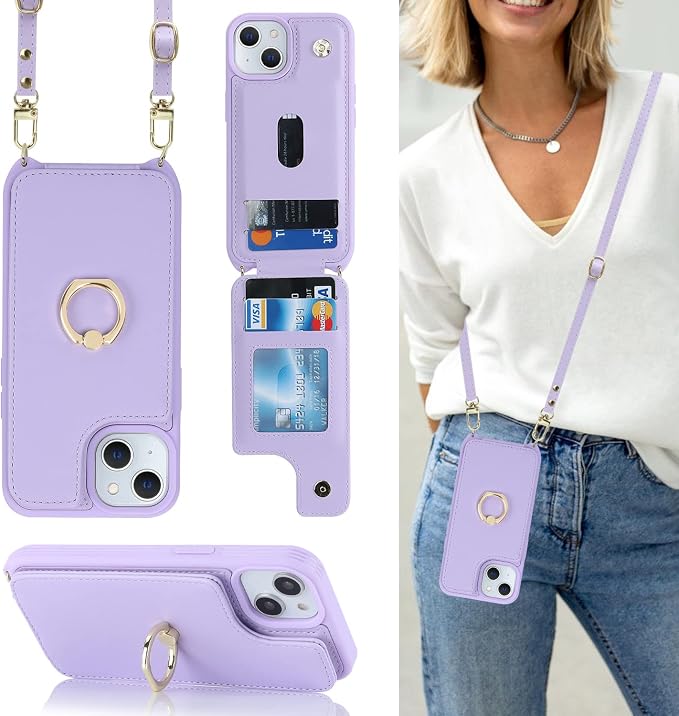 Lipvina for iPhone 13 Case with Card Holder for Women,Phone Case with Strap,Crossbody Lanyard,RFID Blocking,Ring Stand,Snap Clasp,Cute Wallet Cases for iPhone 13 6.1 inch(Purple)