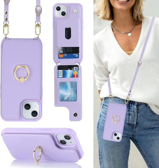 Lipvina for iPhone 13 Case with Card Holder for Women,Phone Case with Strap,Crossbody Lanyard,RFID Blocking,Ring Stand,Snap Clasp,Cute Wallet Cases for iPhone 13 6.1 inch(Purple)