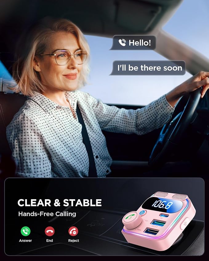 JOYROOM Bluetooth 6.0 Car Adapter FM Transmitter 81W Fast Charging Cigarette Lighter Hands-Free Calling Support USB Drive, Pink