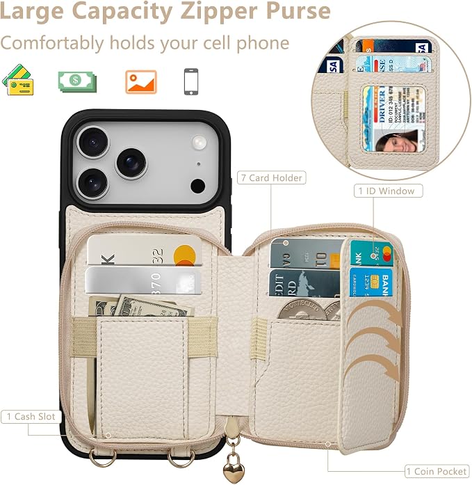 Keallce Case for iPhone 17 Pro Max 6.9'' Case Wallet, Crossbody Zipper Purse with RFID Blocking Card Slots Kickstand, Lanyard & Handstrap Flip Folio Leather Phone Cover for iPhone 17 Pro Max, Beige