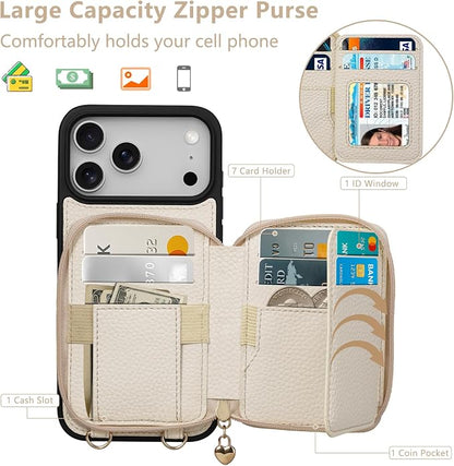 Keallce Case for iPhone 17 Pro Max 6.9'' Case Wallet, Crossbody Zipper Purse with RFID Blocking Card Slots Kickstand, Lanyard & Handstrap Flip Folio Leather Phone Cover for iPhone 17 Pro Max, Beige