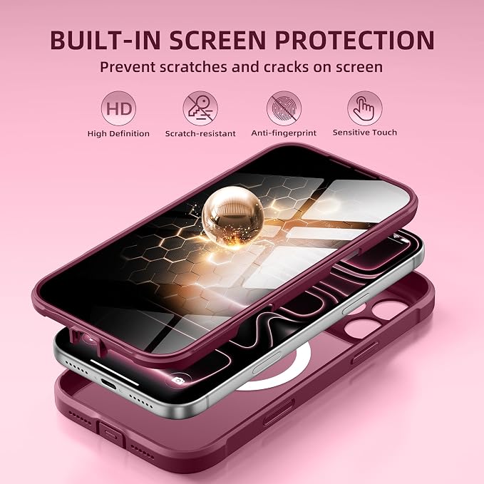 BERFY for iPhone 17 Pro Case, Compatible with MagSafe, Built-in Privacy Screen Protector, Camera Protection, Shockproof Full Body Phone Case 6.3", Translucent Red
