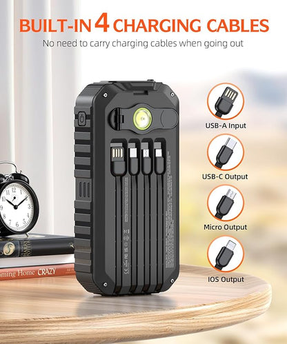 QiSa Solar Charger Power Bank 40000mAh Built in 4 Cables and Hand Crank, Portable Charger 22.5W Fast Charger 6 Outputs & 4 Inputs External Battery Pack with Bright Flashlight and Compass