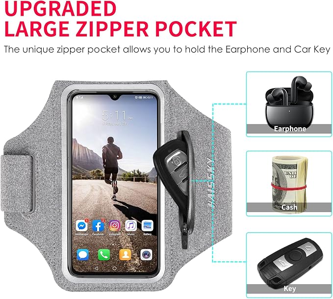 Running Armband with Earphone Bag Cell Phone Armband for iPhone 17 16 15 Pro 14 Plus 13 11 XR, Galaxy S24/S10 Water Resistant Sports Phone Holder Case & Zipper Slot Car Key Holder for 6.7 inch Phone