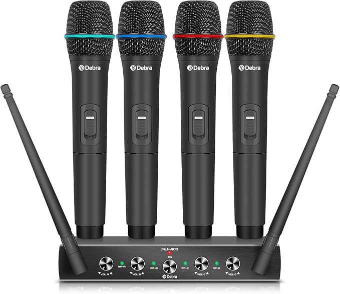 Debra Audio Pro UHF 4 Channel Wireless Microphone System with Cordless Handheld Lavalier Headset Mics, Metal Receiver, Ideal for Karaoke Church Party (with 4 Handheld (A))