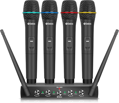 Debra Audio Pro UHF 4 Channel Wireless Microphone System with Cordless Handheld Lavalier Headset Mics, Metal Receiver, Ideal for Karaoke Church Party (with 4 Handheld (A))