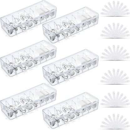 Tatuo 6 Pcs Cord Organizer for Drawer Desktop, Cable Organizer Box with 8 Compartments and Wire Ties, Plastic Charger Storage with Lid, Electronics Case for Home Office Accessories (Small,Clear)