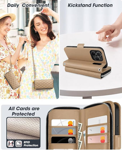 OCASE for iPhone 17 Pro Max Crossbody Wallet Case - Stylish PU Leather Handbag Phone Purse with Zipper Closure, Card Slots & RFID Blocking - Wrist Strap, Lanyard, Kickstand - Diamond Check Khaki