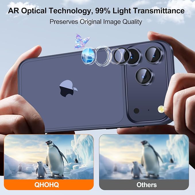 QHOHQ 2 Set Camera Lens Protector for iPhone 17 Pro Max/17 Pro/16 Pro Max/16 Pro/15 Pro Max/15 Pro, Individual Anti Shatter Lens Protector,[15FT Military Grade Protection],1-Second Auto-Install- Blue