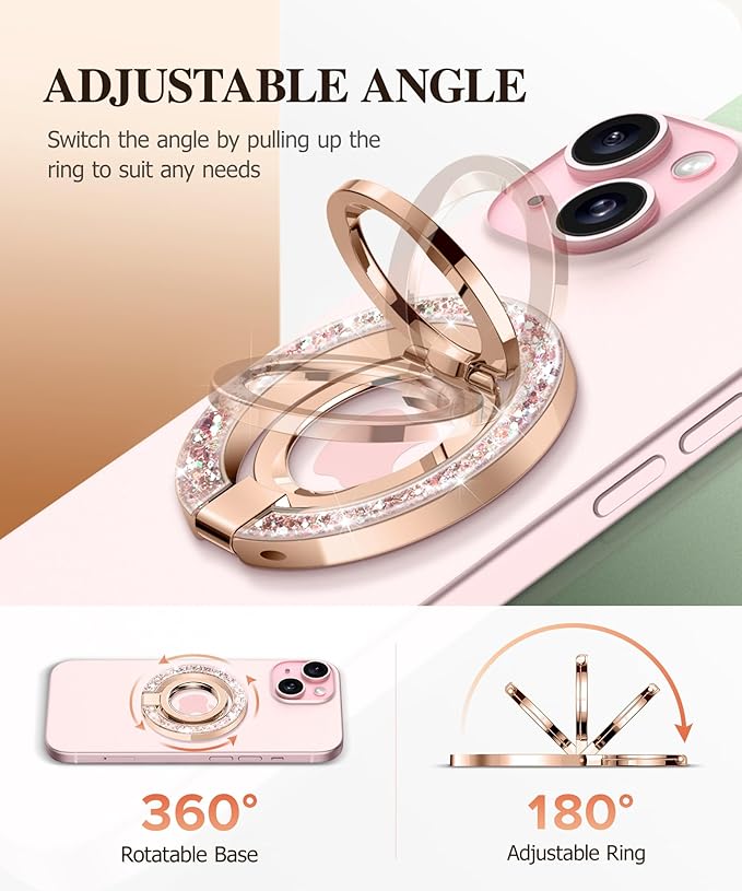 GVIEWIN Magnetic Phone Ring Holder, Compatible with MagSafe Phone Grip with Adjustable Stand, Magnet Phone Ring Kickstand for iPhone 17/16/15/14/13/12 Pro Max Plus Air/Other Phones (Glitter/Pink Gold)