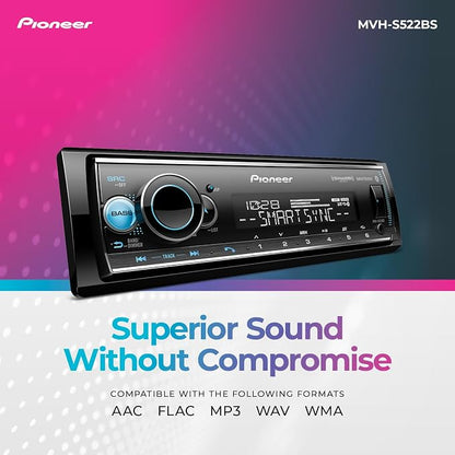 Pioneer MVH-S522BS Bluetooth Car Stereo with USB/AUX Inputs, Pioneer Smart Sync, and Hands-Free Calling for Enhanced in-Car Audio Experience.