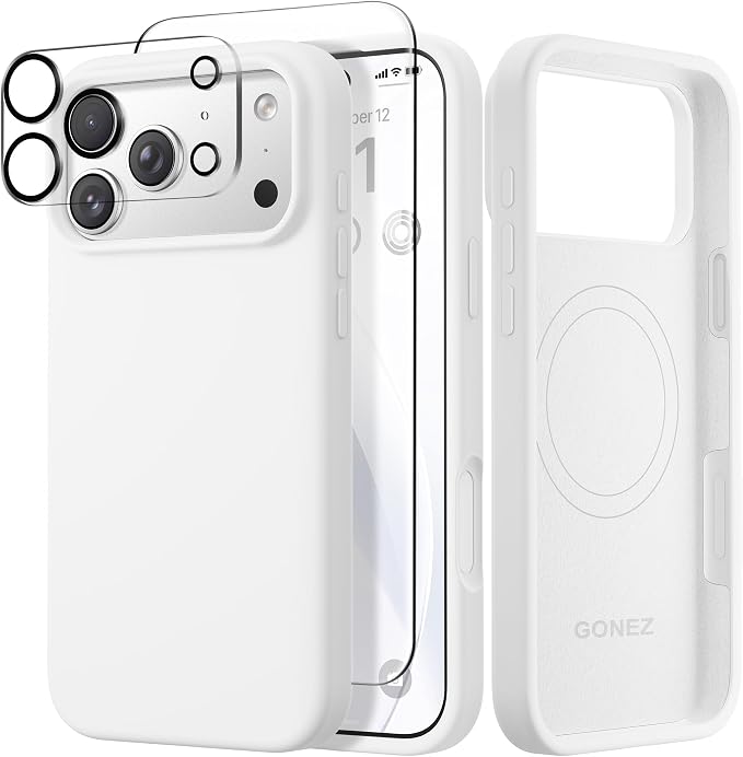 GONEZ Magnetic for iPhone 17 Pro Case, Compatible with MagSafe, [Screen Protector + Camera Lens Protector], Liquid Silicone Anti-Scratch Shockproof Protective Phone Case 6.3 inch, White
